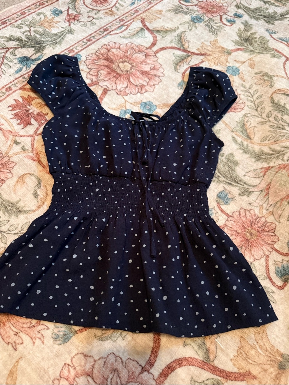 mine Navy Polka Dot Smocked Crop Top